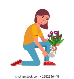 Young woman planting flower in seedbed. Girl sitting on ground in squatting position. Gardening people and spring horticulture time. Work in garden. Outdoor activity on backyard. Vector illustration