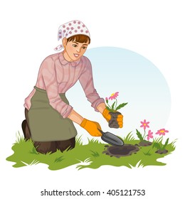 Young woman planting flowers in garden, vector image, eps10