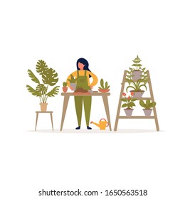 A young woman planting, growing houseplants. Garden care concept for design of banners, flyers.  Vector illustration.