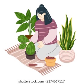 Young woman planting houseplants. Girl seeding and watering plants, growing and caring for potted flowers or herbs. Gardening concept, urban jungle lifestyle. Flat vector illustration.