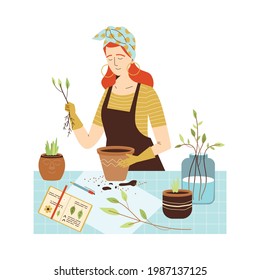 Young woman planting plants and herbs into pots, flat vector illustration isolated on white background. Home gardening and indoors planting hobby concept.