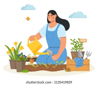 Young woman planting and watering plants in the spring garden. Growing and caring for flowers or herbs. Gardening concept. Flat vector illustration.