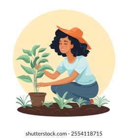 Young woman planting and watering plants in the spring garden. Growing and caring for flowers or herbs. Gardening concept. Flat vector illustration.