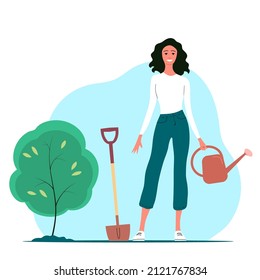 A young woman is planting and watering a tree. Watering can and shovel tools. Spring season, gardening, care for ecology and nature. Vector flat illustration