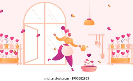 Young woman plants hearts for better feedback and social support. Concept illustration of farmer with plenty of flower pots. Drawn in vibrant pink and yellow character in interior scene