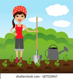 a young woman plants a nursery transplant in soil, vector illustration
