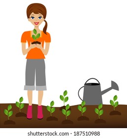 a young woman plants a nursery transplant in soil, vector illustration