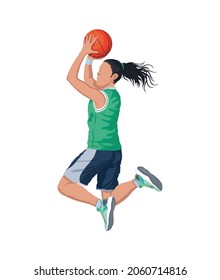Young Woman Play Basketball Alley Oop Vector Illustration.