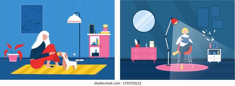 Young woman play with dog at home. Girl reading book in dark room with lamp light. Stay home concept illustration. Vector web site design template. Landing page website illustration