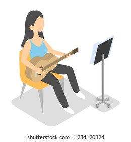 Young woman play guitar. Musician with acoustic instrument play on string. Hobby concept. Vector isometric illustration isolated