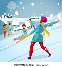 Young woman play snowballs on the hill, skiing and sledging. Flat cartoon vector illustration