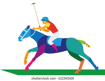 A young woman is a player in a horse polo with a stick