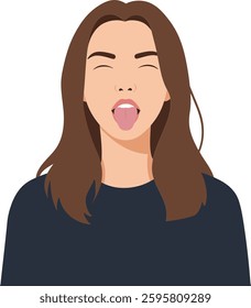 A young woman playfully sticks out her tongue, showcasing a lighthearted mood, with her long brown hair framing a cheerful expression in a minimalist design.