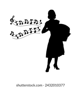 Young woman playing accordion with musical notes symbol vector silhouette.	