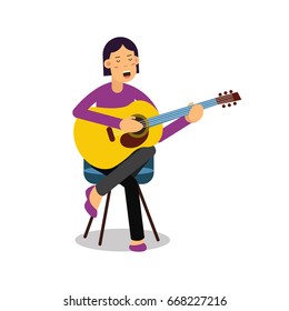 Young woman playing an acoustic guitar and singing cartoon character vector Illustration