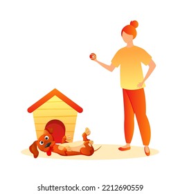 Young woman playing with ball with dog. Cartoon funny brown dachshund lie and play behind the dog house