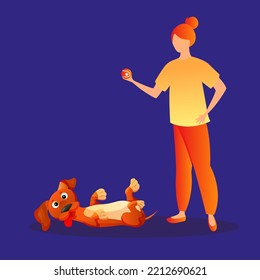 Young woman playing with ball with dog. Cartoon funny brown dachshund lie and play