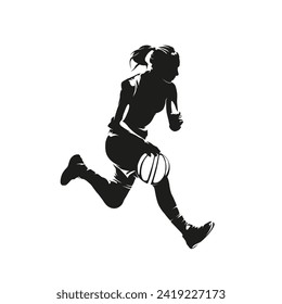 Young woman playing basketball. She runs and dribbles, isolated vector silhouette, ink drawing. Female basketball logo