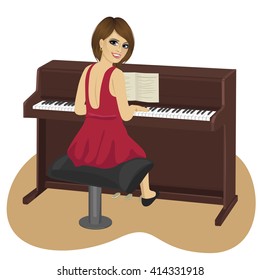 Young Woman Playing Brown Upright Piano Looking Over Shoulder