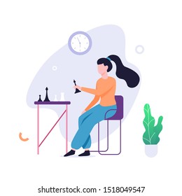 Young woman playing chess. Board game player sitting at the table. Clever girl. Isolated vector illustration in flat style