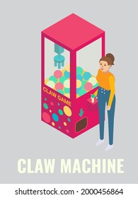 Young woman playing claw machine arcade game, flat vector isometric illustration. Game club, room, zone attractions, fun activities, entertainment. Arcade gaming.