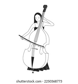 Young woman playing contrabass. Female contrabass artist. Elegant young girl and classical orchestral musical instrument. Classical musician. Vector illustration isolated on white background.
