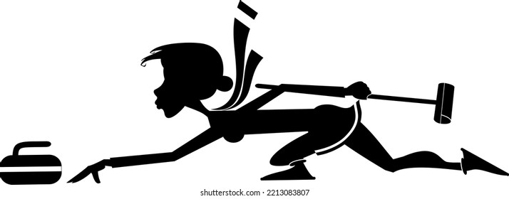 Young Woman Playing Curling.
Winter Sport. Woman With Curling Brush Pushes A Stone Towards A Target. Black On White Background
