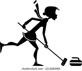 Young Woman Playing Curling.
Winter Sport. Woman With Curling Brush Pushes A Stone Towards A Target. Black On White Background
