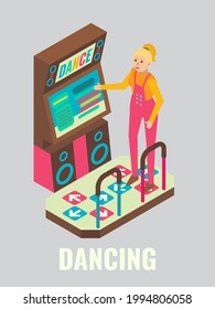 Young Woman Playing Dance Arcade Game, Flat Vector Isometric Illustration. Game Club, Room, Zone Attractions, Fun Activities, Entertainment. Arcade Gaming.