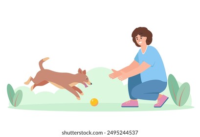 Mujer joven jugando con perro. Perro feliz con la bola y la niña. Mascota y propietario. Adopción, caridad, amor, voluntariado, cuidado de mascotas o concepto de ayuda. Ilustración plana de Vector aislada sobre fondo blanco.