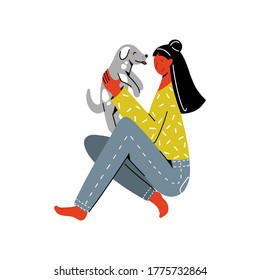 Young woman playing with dog. Human and puppy friendship illustration in vector. Pet love and care. Colorful vector illustration in flat style.
