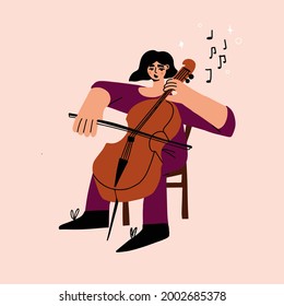 young woman playing the double bass modern concept cartoon style