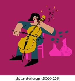 young woman playing the double bass modern concept cartoon style