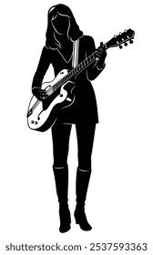 Young woman playing electric guitar silhouette. Vector clipart isolated on white.