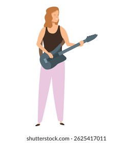 Young woman playing electric guitar on white background
