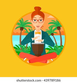 Young woman playing ethnic drum. Mucisian playing ethnic drum on the tropical beach. Woman playing ethnic music on tom-tom. Vector flat design illustration in the circle isolated on background.