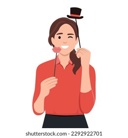 Young woman playing with funny pose and photo booth masks party. Flat vector illustration isolated on white background