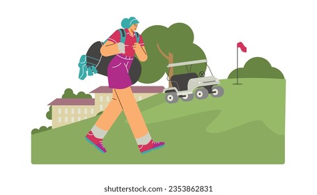 Young woman with playing golf equipment. Cart on the lawn. Female character goes with club bag vector illustration. Sport leisure activity, outdoor hobby or training on natural landscape with building
