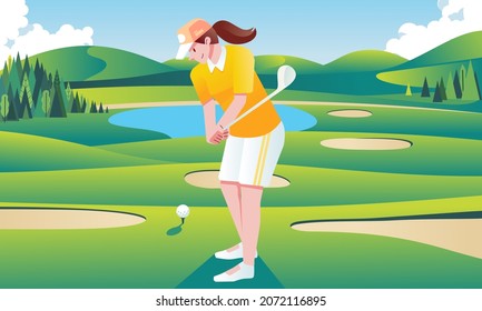 young woman playing golf in the golf field wearing golf suits flat vector illustration. used for poster, banner and other