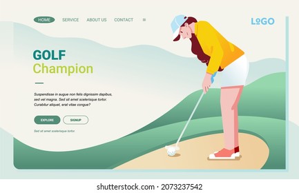 young woman playing golf and ready to put the ball in the hole modern landing page image illusstration