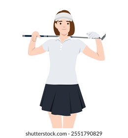 Junge Frau, die Golf spielt. In Sportbekleidung. Flache Vektorgrafik einzeln auf weißem Hintergrund