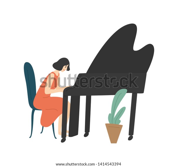 グランドピアノを弾く 若い女性 白い背景に女性のピアニスト ミュージシャン 作曲家 趣味を楽しむ幸せな女の子 音楽の演奏やコンサート 平らなカートーンのベクターイラスト のベクター画像素材 ロイヤリティフリー