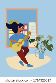 Young woman playing guitar by the window. At-home concert, neighbourhood concert. Creative activitiy concept. Social distancing during COVID-19 pandemic concept. Vector illustration in flat style