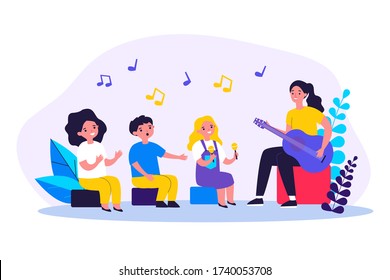 Young woman playing guitar for children flat vector illustration. Cartoon kids singing, clapping and playing musical instruments. Music education and daycare concept