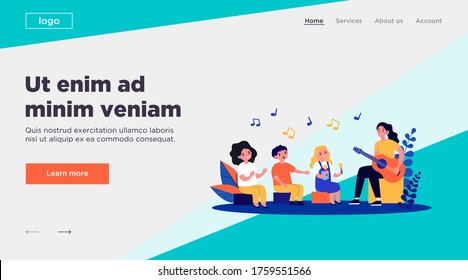 Young woman playing guitar for children flat vector illustration. Cartoon kids singing, clapping and playing musical instruments. Music education and daycare concept