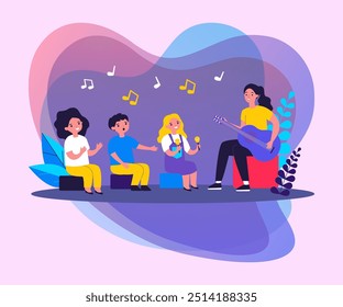 Young woman playing guitar for children flat vector illustration. Cartoon kids singing, clapping and playing musical instruments. Music education and daycare concept