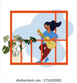 Young woman playing guitar on the balcony. At-home concert, neighbourhood concert. Creative activitiy concept. Social distancing during COVID-19 pandemic concept. Vector illustration in flat style