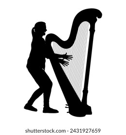 Young woman playing the harp silhouette. Female harpist portrait black silhouette.	