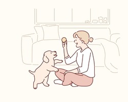Young Woman Playing With Her Dog At Home. Hand Drawn Style Vector Design Illustrations.
