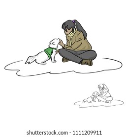 Young woman playing with her dog vector illustration sketch doodle hand drawn with black lines isolated on white background